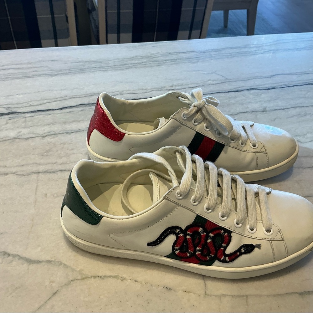 Gucci White Sneakers with Red and Green Snake Design